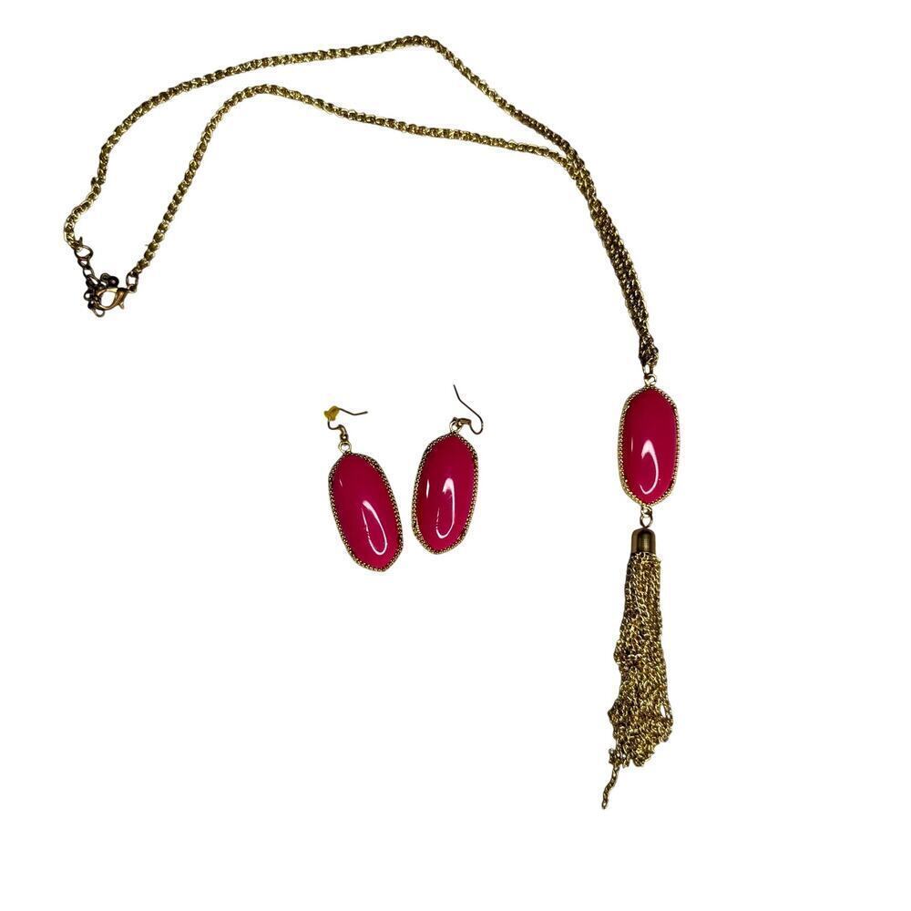 Fashion Long Necklace & Dangle Earring Set Gold with Pink Center